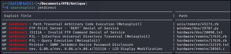 JetDirect Exploits List